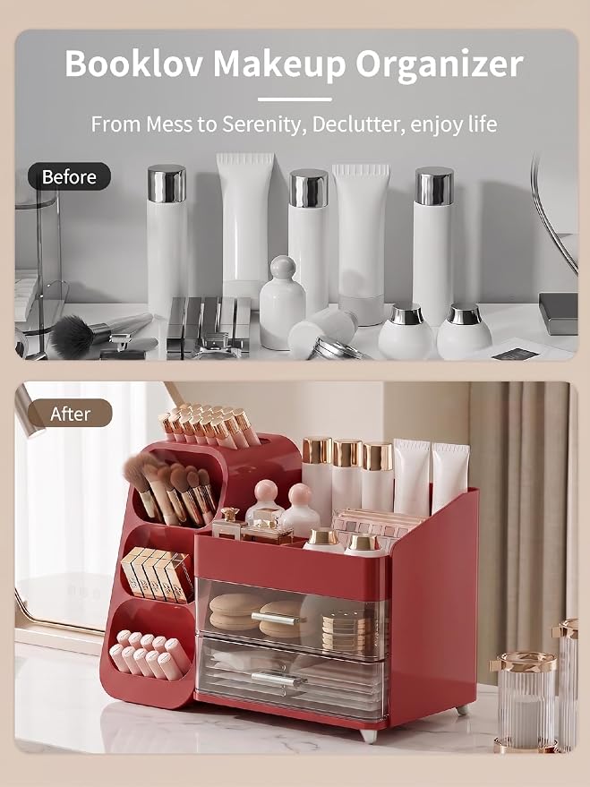 Booklov Large Makeup Organizer for Vanity Countertop, Red | Clear Acrylic Cosmetic Display Case, Beauty Brush Holder for Bathroom Counter, Make Up Skincare Lipsticks Storage