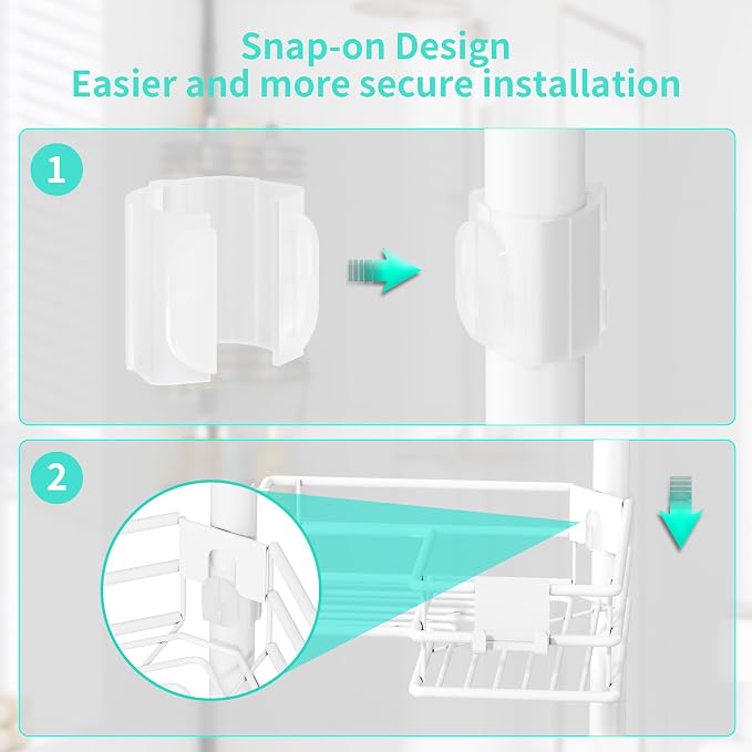HapiRm Corner Shower Caddy Organizer - Shower Rack with Toothbrush Holder | Shower Shelves with Soap Holder and 4 Hooks,Rustproof Bathroom Storage Tension Pole Available for 27.6 to 108.3 Inch - White