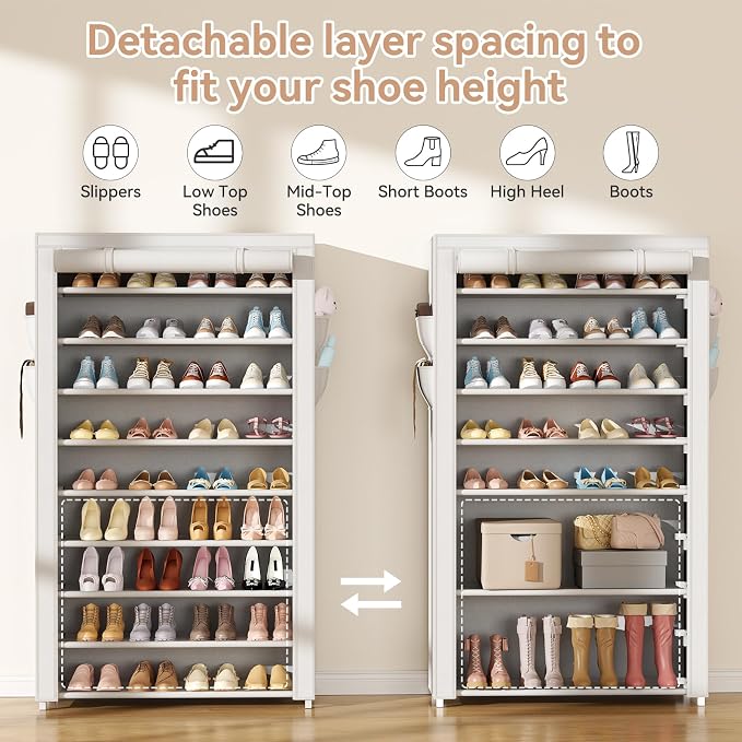 LANTEFUL Shoe Rack with Covers 10 Tier Tall Shoe Rack Organizer Large Capacity Shoe Shelf Storage 40 Pairs Space Saving Free Standing Shoe Storage Organizer for Closet, Entryway, Dorm, White