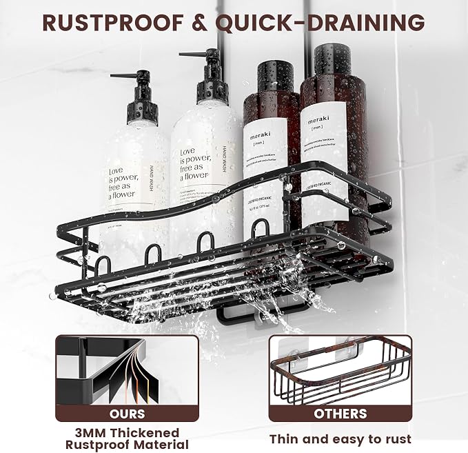Rustproof Shower Caddy Hanging with Soap Holders for Bathroom, Black | Shower Organizer with Multi Hooks Toothbrush Holder, No Drilling, Anti-Swing, Storage for Shampoo Conditioner Body Wash