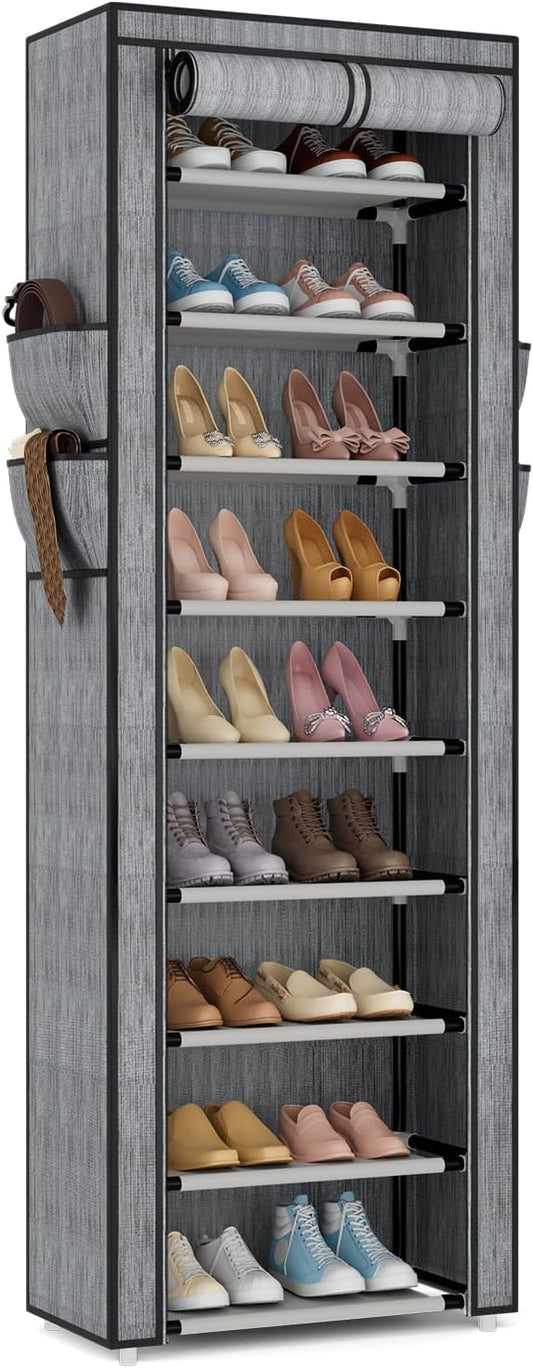VILICK Shoe Rack with Cover Narrow Shoe Rack Organizer with 4 Side Pockets 10 Tier Tall Shoe Storage Shoe Shelf Holds 18-22 Pairs Shoes and Boots Shoe Rack for Closet, Printing
