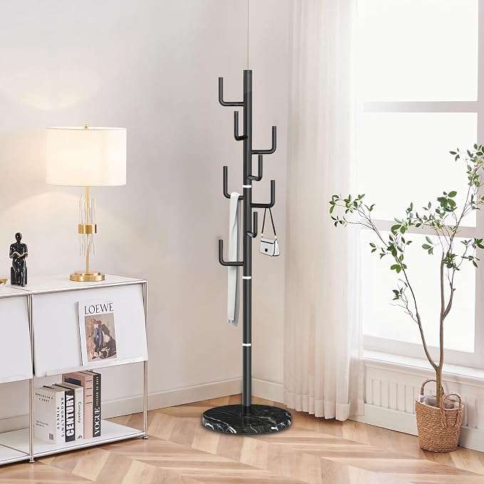 ZOZOE Metal Modern Coat Racks, Cactus Coat Rack Freestanding with Natural Marble Base, Black Coat Rack Stand with 8 Hooks, Coat Tree Hanger Stand for Bags, Hats, Entryway, Office