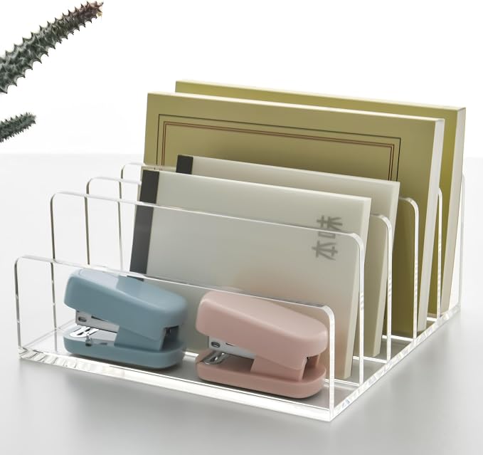 5 Compartments Clear Acrylic Mail Holder – Vertical Letter Sorter & Multifunction Desk Organizer for Bills, Documents, Notebooks – Modern Office/Home Envelope File Rack