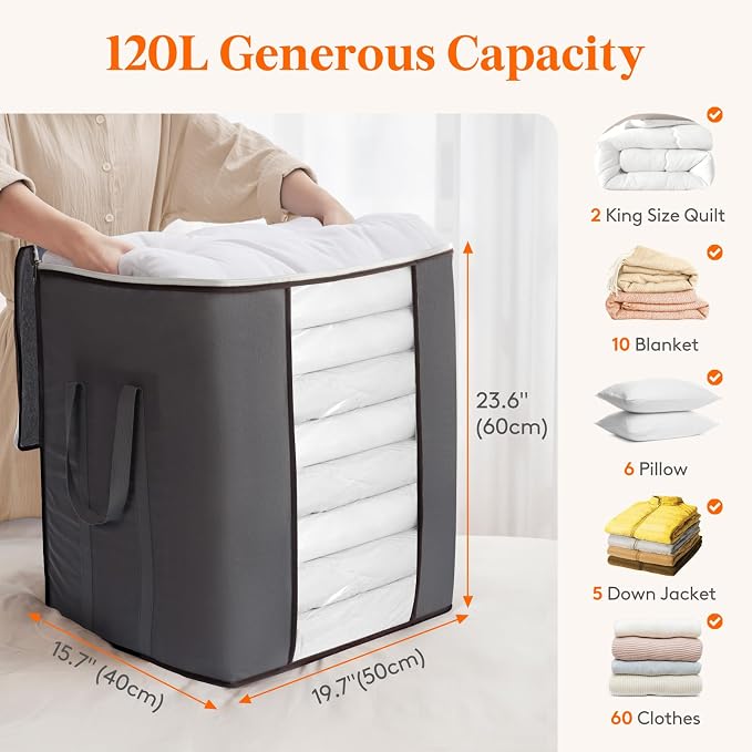 Lifewit 120L Extra Large Blanket Storage Bags, Foldable Comforter Storage with Reinforced Handles, Clothes Storage Containers for King Comforter, Bedding, Pillow, Sheet, Storage Bin with Lids 6 Pack