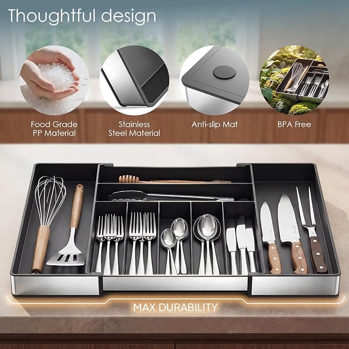 Silverware Drawer Organizer, 9 Slots Expandable Kitchen Drawer Organizer | Extra Large Utensil Holder & Cutlery Tray, Heavy Duty Stainless Steel Frame Flatware Organizer, Non-Slip Feet Included, Black