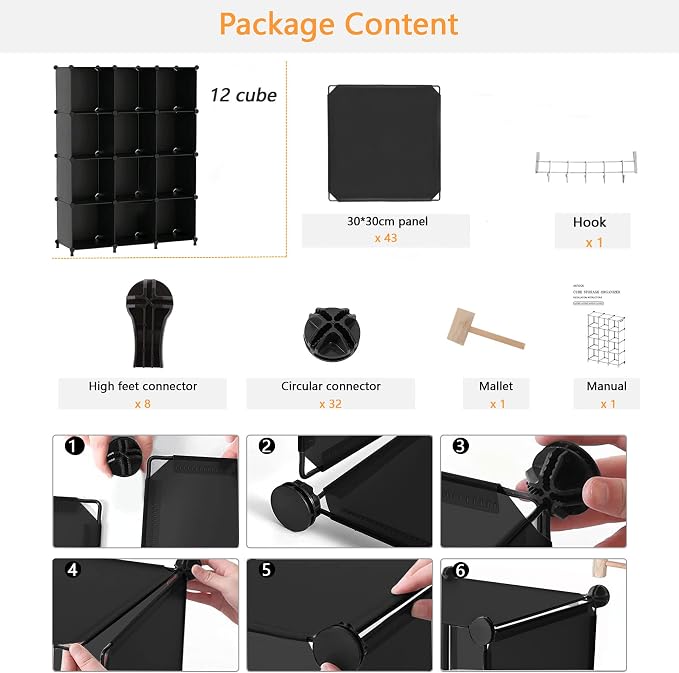 AWTATOS 12 Cube Storage Organizer, Closet Organizer Storage Shelves, Black | Portable Closet, DIY Stackable Storage Cubes Shelve, Plastic Clothes Organizer Shelving for Home, Bedroom