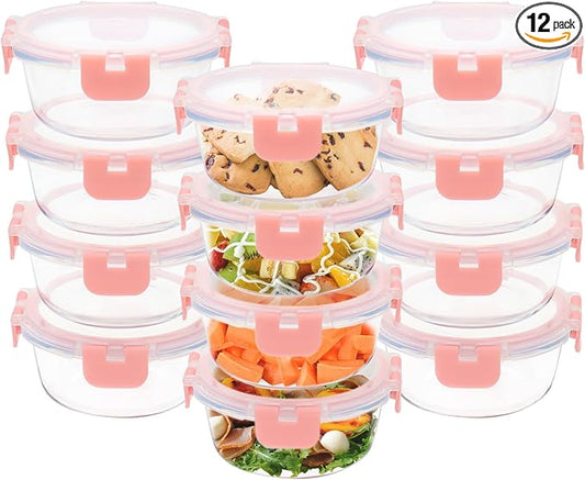 GULFLIN 12pack, 13oz Small Glass Food Storage Containers with Lids, Pink | Round Glass Containers Perfect Size for Meals and Leftovers. Particularly for Single Servings, Easy to Clean, Dishwasher Safe