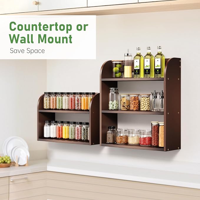ROMGUAR CRAFT 2 Tier Bamboo Spice Rack, Countertop or Wall Mounting Wood Spice Jars Organizer Shelf for Kitche, Pantry (Brown)