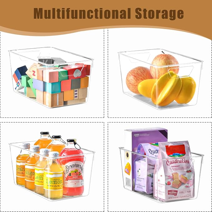Freebat 12 Pack Pantry Organization and Storage,Clear Plastic Storage Bins | Middle, Cabinet Organizer, Clear Plastic Storage Containers with Handle,Acrylic Storage Bins for Cabinet, Fridge