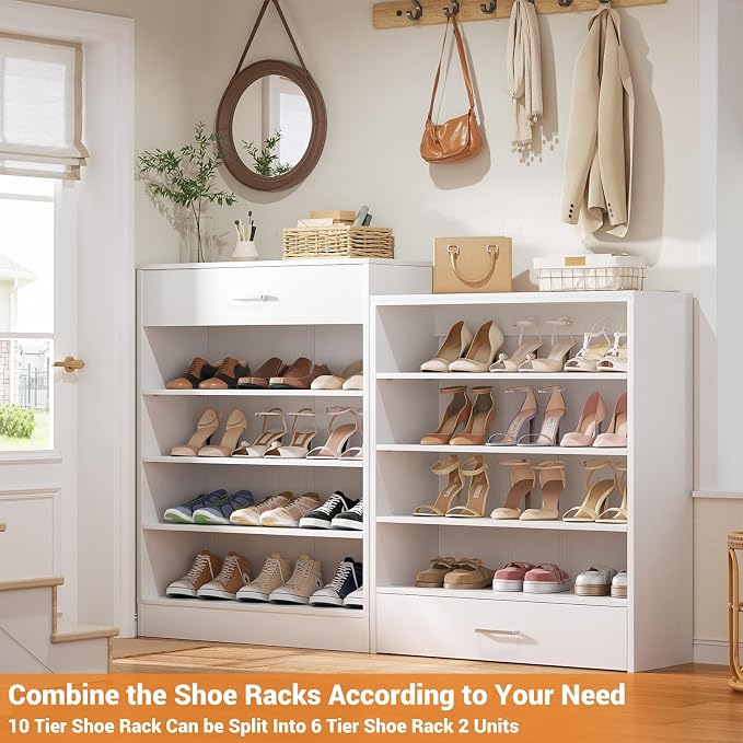Aheaplus Tall Shoe Cabinet, 10 Tiers Wood Shoe Rack, Vertical Shoe Storage Organizer with 2 Drawers, Narrow Shoe Shelf Tower for 24-28 Pairs, Space Saving, for Closet, Entryway, Bedroom, White