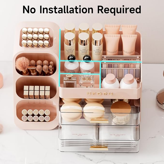 UFORU Makeup Organizer Countertop with Brush Holder for Vanity Bathroom | Large Capacity, Thickened Plastic, 2 Clear Drawers, Compact Size, Detachable Brush Holder, Divided Compartments, Easy Access