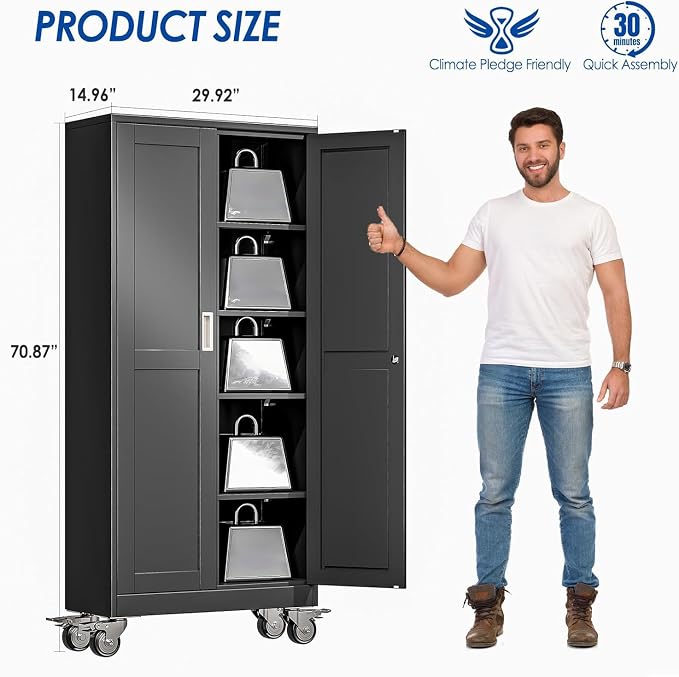 GAIOUS Metal Garage Storage Cabinet with Lock, Steel Tool Cabinet with 2 Door and 4 Adjustable Shelves, 71” Tall Lockable File Cabinet with Wheels, Rolling Cabinet for Home Office Garage Gym - Black
