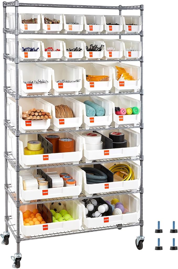 VEVOR 8-Tier Rolling Bin Storage Rack, 26 Organizer Bins, Bin Rack Storage Steel Wire Shelving System with Wheels, Mobile Tool Organizer for Garage, Warehouse, Office, Restaurant, Classroom, Kitchen