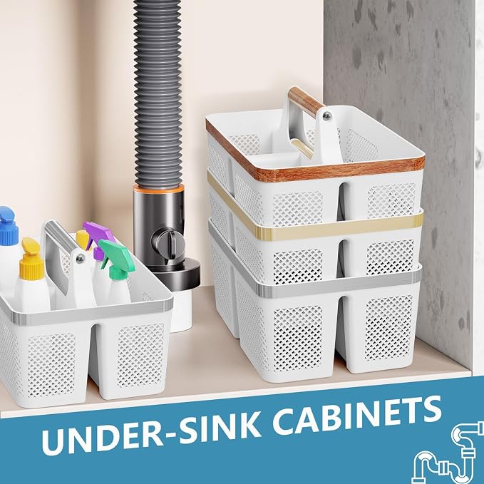 BYUNER Plastic Shower Caddy Dorm: Portable Bathroom Caddy Organizer with Handle and Holes, Cleaning Basket, Hard Shower Basket Storage Tote for Toiletry, College Dorm Room Essentials White/Silver
