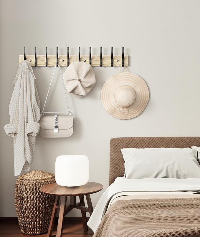 Optish 1 Pack Wooden Coat Rack Wall Mount, 16.1" Rustic Coat Hanger Hooks with 5 Double Hooks, Wall Coat Rack for Hat, Clothes, Bags, Jacket, Natural Wood