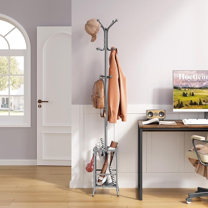 Hoctieon Coat Rack Freestanding, Coat Tree with Umbrella Holder | Metal Coat Rack Stand with 12 Hooks, Standing Coat Hanger Stand, Umbrella Stand for Entryway, Hat Rack Stand for Home Office