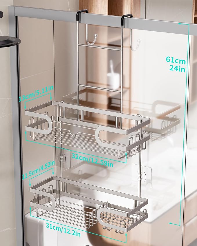 HapiRm Shower Caddy over Door- Hanging Shower Organizer with 14 Hooks and Soap Holder, Rustproof & Waterproof Stainless Steel Bathroom Shelf - Brushed Nickel