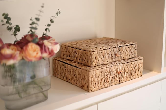 Wicker Storage Basket with Lid, Flat Water Hyacinth Baskets, Shallow Woven Basket for Shlef, Decorative Storage Boxes for Organizing