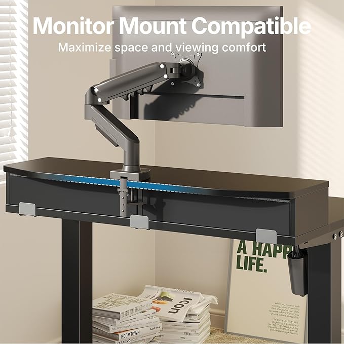 HUANUO 32" X 21" Electric Standing Desk with 2 Drawers, C-Clamp Mount Compatible, Height Adjustable Computer Desk, Home Office Stand Up Desk with 4 Preset Heights & 2 Hooks, Black