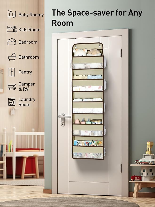 Yecaye 1 Pc 5 Tier Over the Door Organizer with 15 Pockets | 44lb Load Over the Door Storage | No Sagging Closet Organizers and Storage | Versatile Nursery Hanging Organizers for Home Dorm - Beige