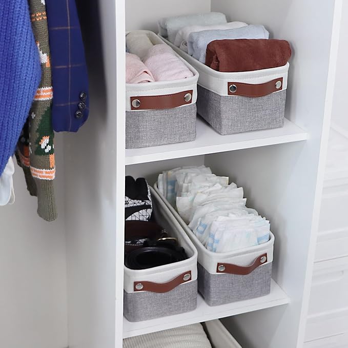 Univivi Small Narrow Fabric Storage Bins,Gray,15x6x5 inch,4 Pack | Hard Cardboard Bottom,Metal Frame,Foldable,PU Handles,Storage Baskets Organizing Small Items