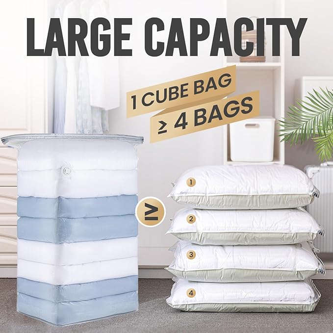 TAILI 8 Pack Cube Vacuum Storage Bags, Jumbo Size(31x40x15 inch), Clear | Extra Large Vacuum Seal Bags for Clothing, Comforters and Blankets, Bedding, Pillows, No Pump Compression Cube