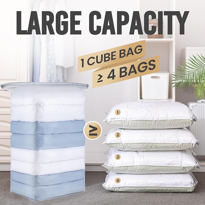 TAILI 10 Pack Cube Vacuum Storage Bags, Jumbo Size(31x40x15 inch), Clear | Extra Large Vacuum Seal Bags for Clothing, Comforters, Blankets, Bedding, Space Saver No Pump Compression Cube
