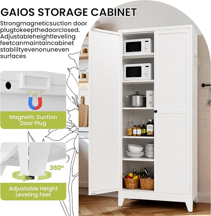 AQY 75" Pantry Cabinet, White Freestanding Storage Cabinet with 5 Adjustable Shelves, Metal Pantry Cupboard with Ventilation Design & Hanging Hooks, 2-Door Kitchen Organizer for Living Room Kitchen