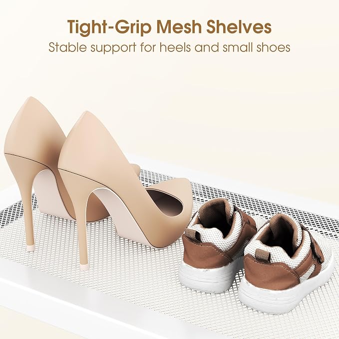 SAYZH Expandable Shoe Rack for Closet, Adjustable Metal Shoe Organizer with Sturdy Mesh Shelves for Boots & Heels, Stackable Shoe Storage for Entryway, Garage, Small Spaces (White, 4-Tier)