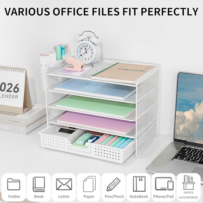 LEKETREE Desk Organizer and Accessories, 5-Tier Paper Letter Tray Organizer with Drawer & 2 Pen Holders for Desktop File Organization, Office Desk Accessories for Supplies Storage (White)