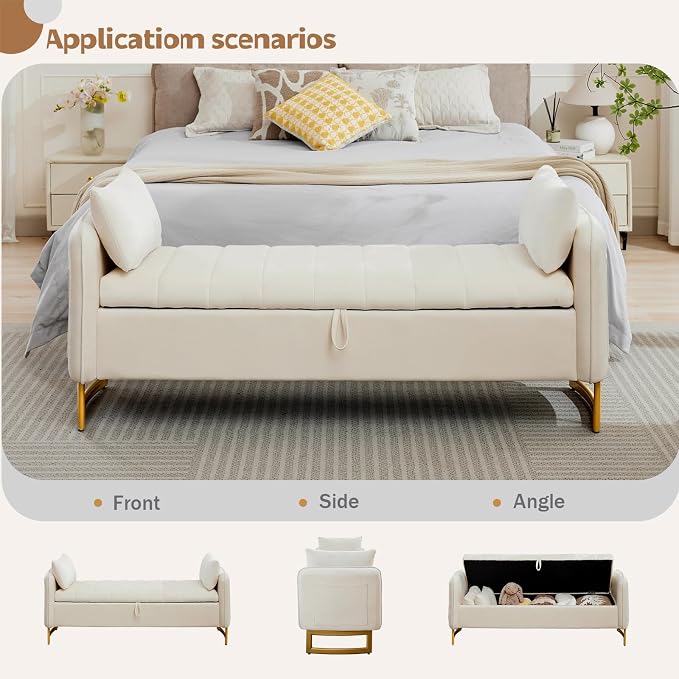 66" End of Bed Storage Bench King Size, Velvet Storage Benches for Bedroom Foot of Bed, Upholstered Storage Ottoman Bench with Golden Legs and Pillow for Living Room Window Entryway, Cream