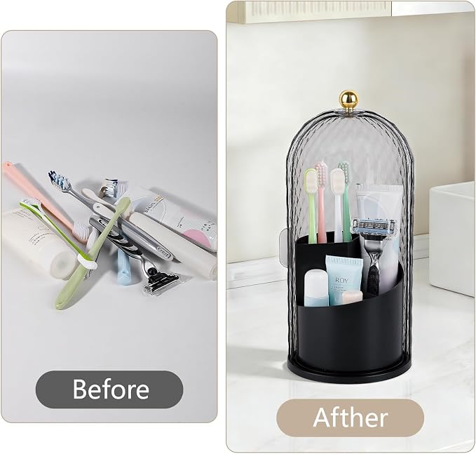 Toothbrush Holder with Cover for Bathroom Countertop, Organizer, Black | Rotating 3 Slot Holder for Electric Toothbrushes, Toothpaste, Self Draining Vanity Organizer, Makeup Brush Storage