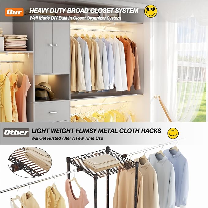 120 Inches Closet System With Doors, 10FT Walk In Closet Organizer with 3 Shelving Towers, Heavy Duty Clothes Rack with 3 Drawers, Built-In Garment Rack, Max Load 1300 LBS, Grey