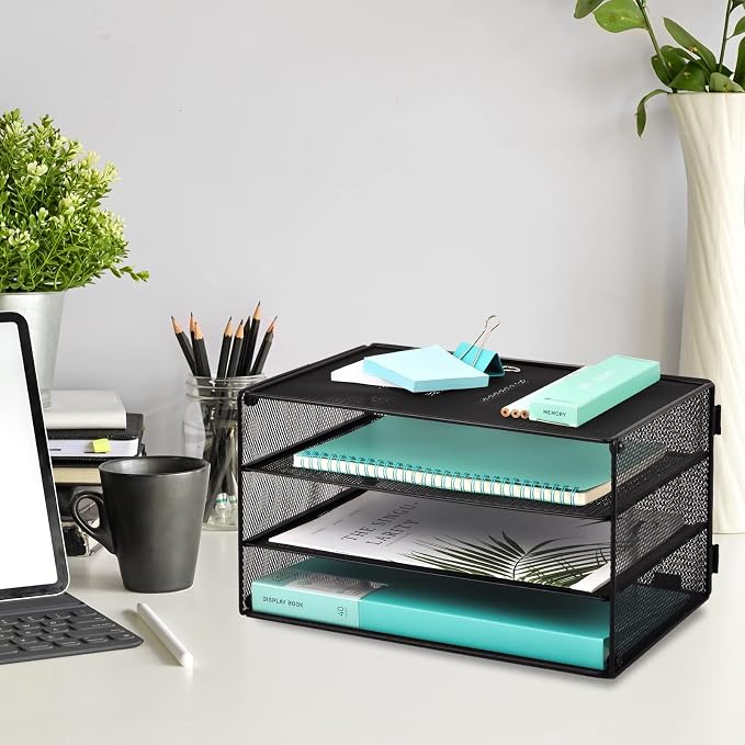 3 Tier Mesh Desk Organizer Tray, File Paper Letter Folder Holder Desktop Paper Sorter Mail Organization Rack Storage Accessories, for Office Home School Classroom, Black