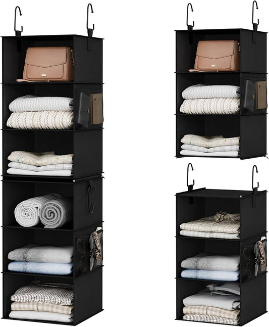 StorageWorks Hanging Closet Organizer 6-Shelf, Separable Two 3 Shelf Closet Storage Organizer with Side Pockets, Portable Hanging Shelves for Clothes, Sweater,12 1⁄2" D x 12 1⁄2" W x 47 ¼"H, Black