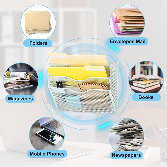 EASEPRES Magnetic 3 Pocket Mesh Hanging Wall File Organizer, Wall Mounted Mail Paper Document Folder Holder, Clipboard Storage Magazine Rack with Nametag Label for Office Home School, White