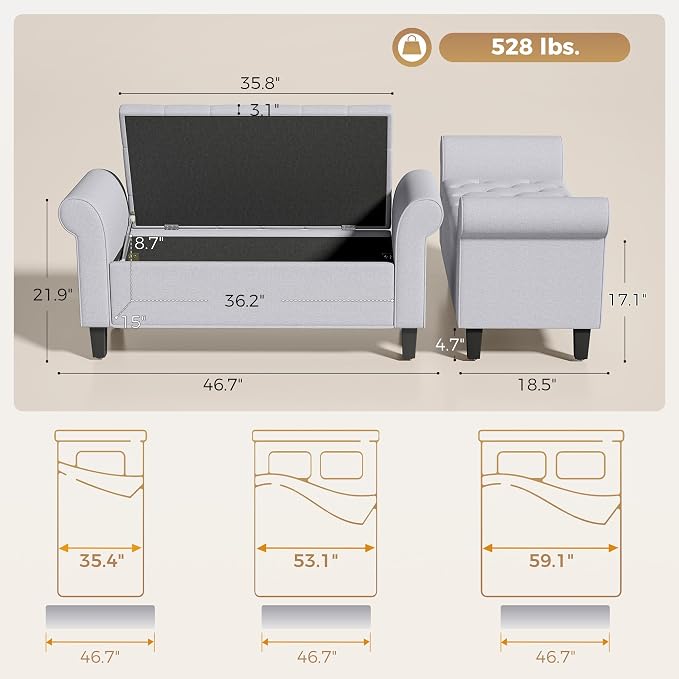 HOMCOM 47" Ottoman wih Storage End of Bed Bench with Rolled Arms Light Gray | Storage Chest, Safety Hinge, Wooden Legs, Upholstered End of Bed Bench, 528 lbs, Bedroom Entryway Living Room