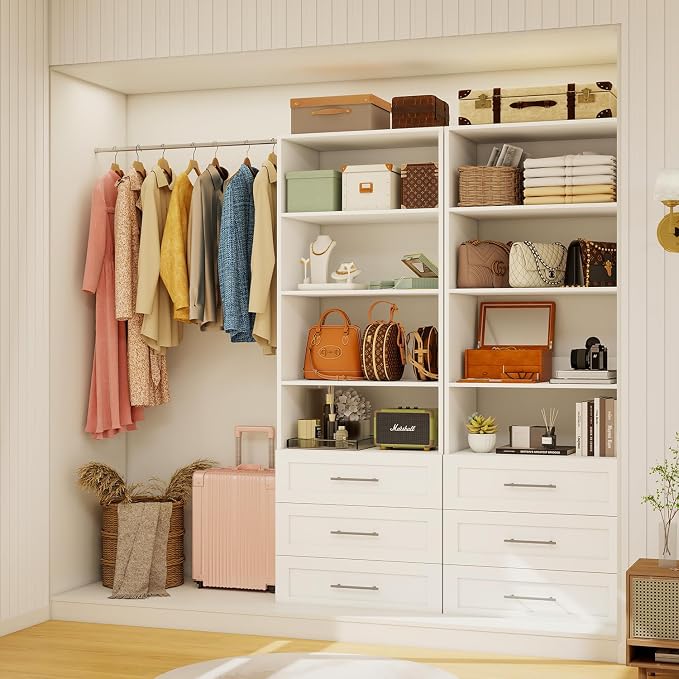 Closet System with 9 Drawers & 12 Shelves, Wood Closet Organizer System with 3 Extra Hanging Rod for Walk in Closet, Modular Closet Organizer System White(6FT)