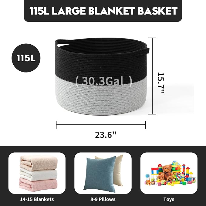 Foldable Laundry Hamper Basket with Collapsible Handle Cotton Rope Soft Woven Fabric Storage Organizer Clothes Toys Nursery Bedroom Dorm Space Saving Bin (Black & Grey, 115L(23.6"D x 15.7"H))