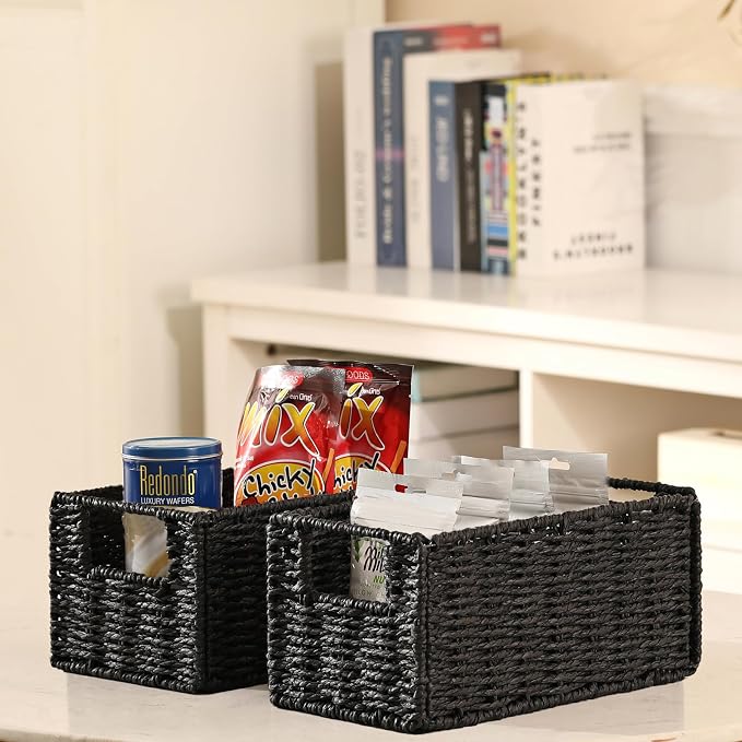 Vagusicc Wicker Storage Basket, Set of 2 Hand-Woven Paper Rope Wicker Basket, Small Storage Baskets for Organizing Toilet Paper Baskets, Foldable Large Cube Storage Organizer Bin for Shelves (Black)