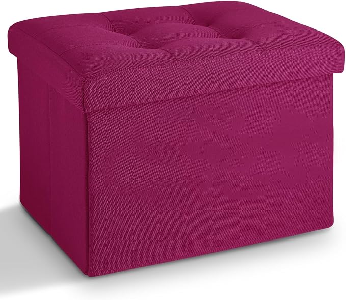 LINMAGCO Small Storage Ottoman Stool Foot Rest Stool Under Desk Stool Short Folding Ottoman Linen Cloth ROSEO 17X13X13IN