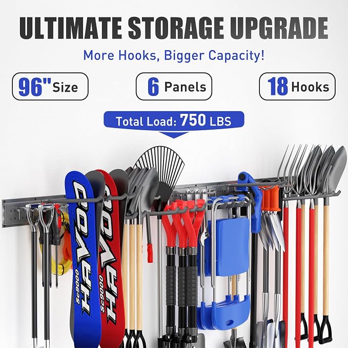 Garage Tool Organizer Wall Mount 99 inches with 18 Adjustable Heavy-Duty Hooks, Garage Organization, Garden Tool Storage Rack, Yard, and Shed, Holds Up to 750 lbs (Grey)