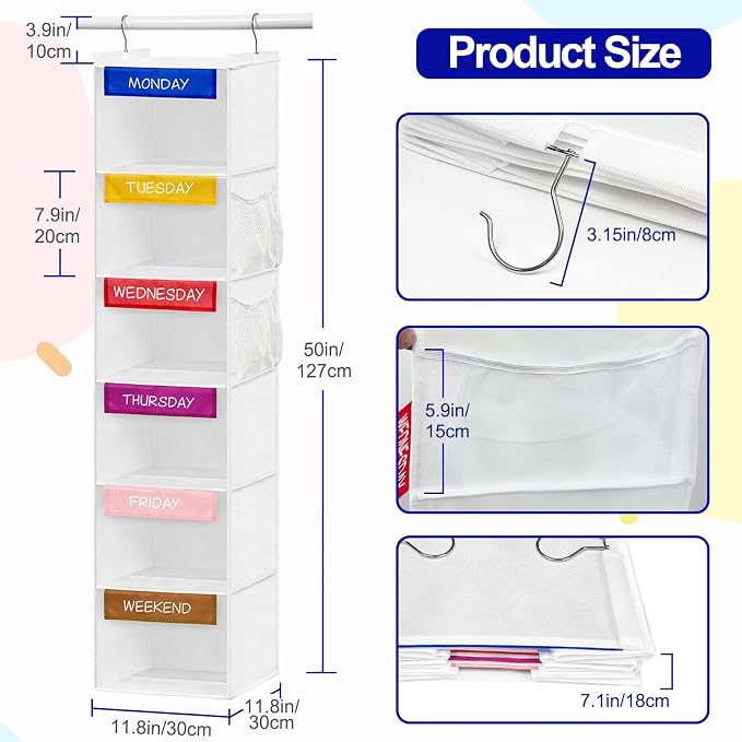 Weekly Clothes Organizer for Kids, 6-Shelf Hanging Closet Organizer with Colorful Labels, Space Saving Design with 2 Pockets, Daily Hanging Closet Shelves for Kids Room Storage, White