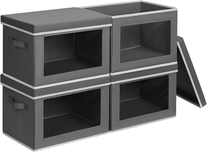 Homsorout Stackable Storage Bins with Lids - Large Storage Box with Lids, Foldable Closet Boxes for Organizing, Wardrobe Clothes Organizer with Window, Cubes Bins for Living Room, 4 Pack, Dark Grey
