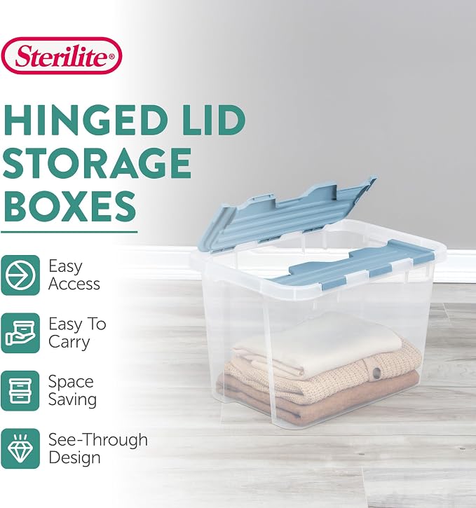 Sterilite 24 Pack Hinged Lid Storage Box, 30 Qt Plastic Container, Washed Blue - Home Organizer Tote for Storing Shoes, Crafts, Clothing, or Decor