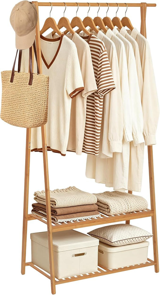Bamboo Clothing Rack with Shelves, Wood Garment Rack for Hanging Clothes | Small Space Corner Clothes Hanger Rack with 2 Hooks,Freestanding Open Wardrobe Closet Rack in Bedroom,Entryway,Apartment