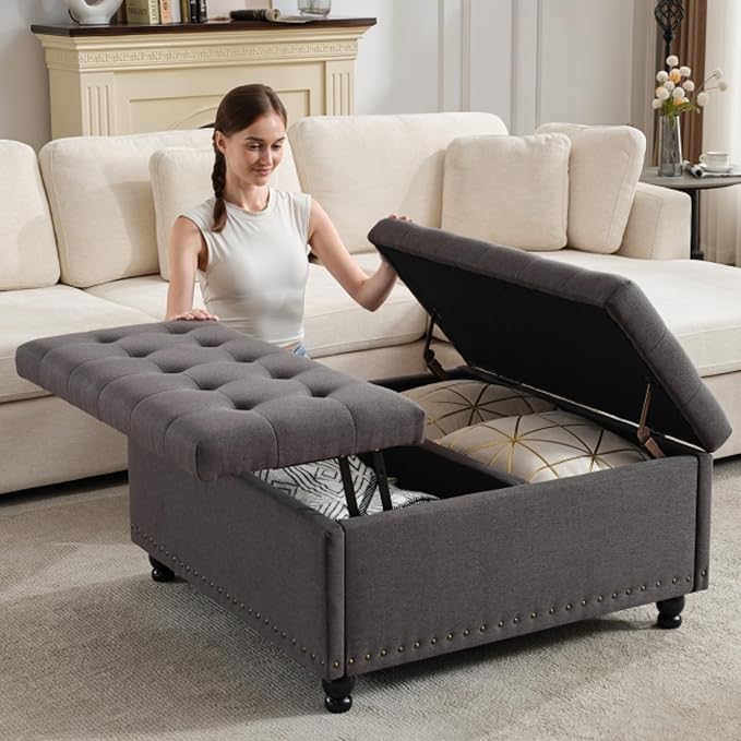 Tbfit Large Square Storage Ottoman Bench, Tufted Upholstered Coffee Table Ottoman with Lift Top & Wooden Legs, Oversized Storage Ottomans Toy Box for Living Room (Dark Grey)