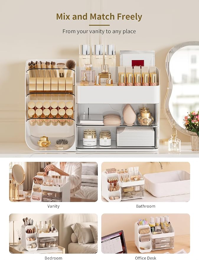 Booklov Small Makeup Organizer for Vanity Countertop, White | Clear Acrylic Cosmetic Display Case, Beauty Brush Holder for Bathroom Counter, Make Up Skincare Lipsticks Storage