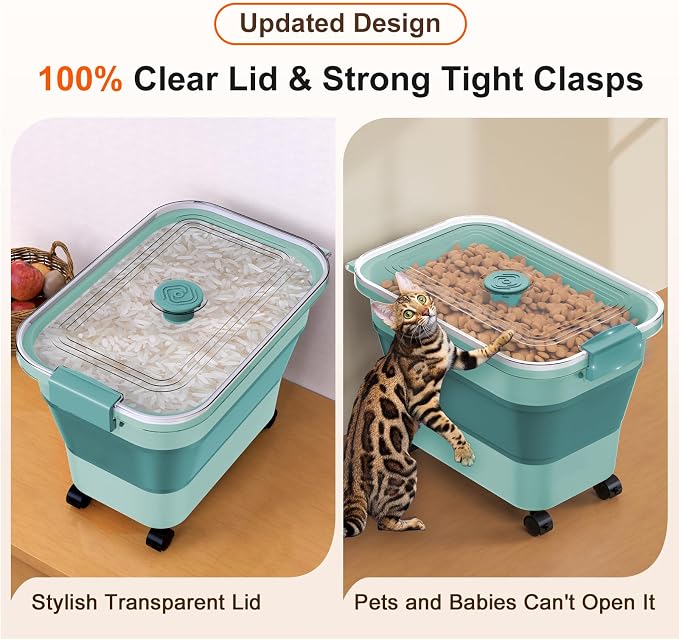Rice Storage Container, Collapsible Airtight Food Storage Containers 20-30lbs with Clear Lid and Wheels, Rice Dispenser with Scoop for Flour Cereal Pasta Grain, Cat Pet Bird Dog Food Storage Container