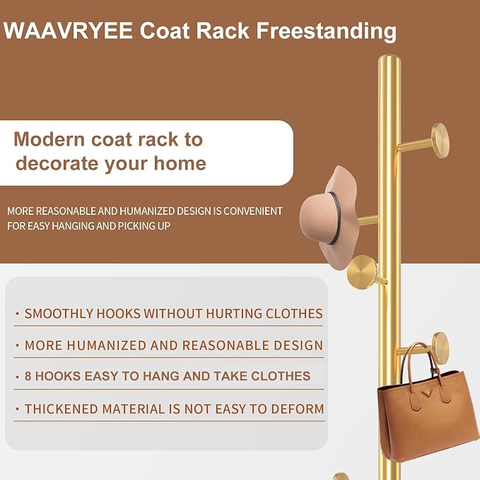 Coat Rack Stand,Golden Metal Coat Rack Freestanding with 8 Hooks | Modern Coat Rack with Natural Marble Base,Coat Hanger Stand, 3 Adjustable Coat Clothes Tree Stand for Office